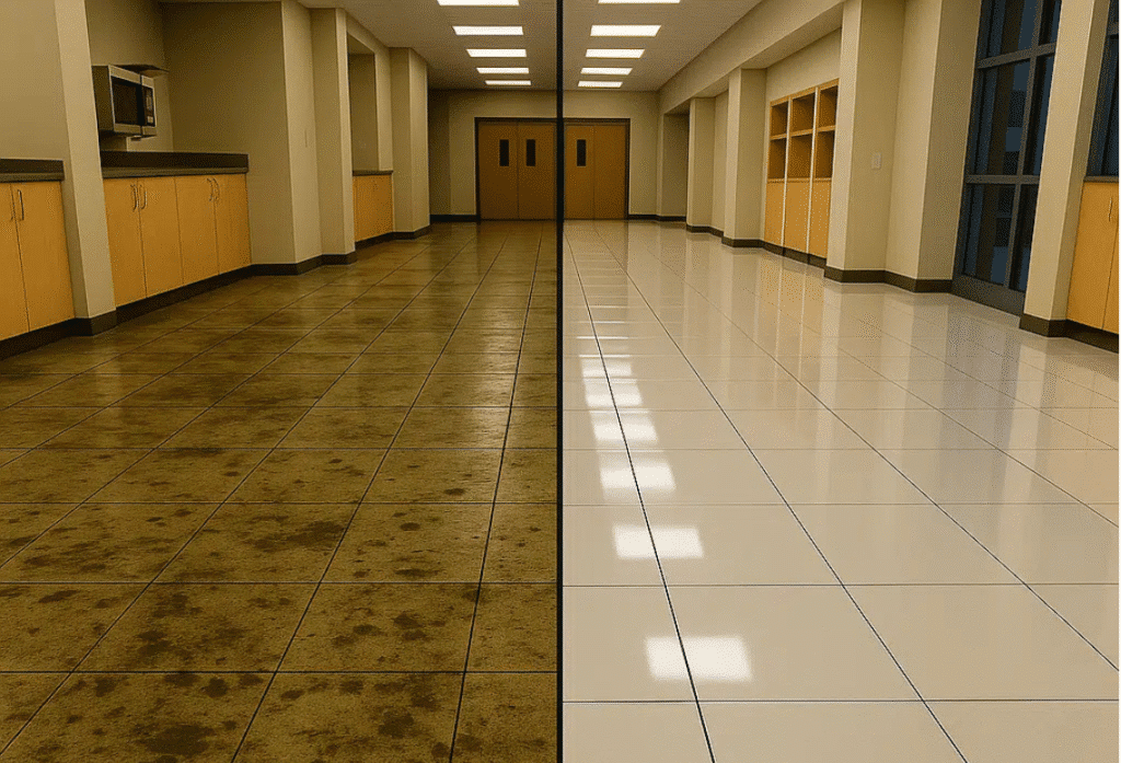 Before and after of a floor we cleaned