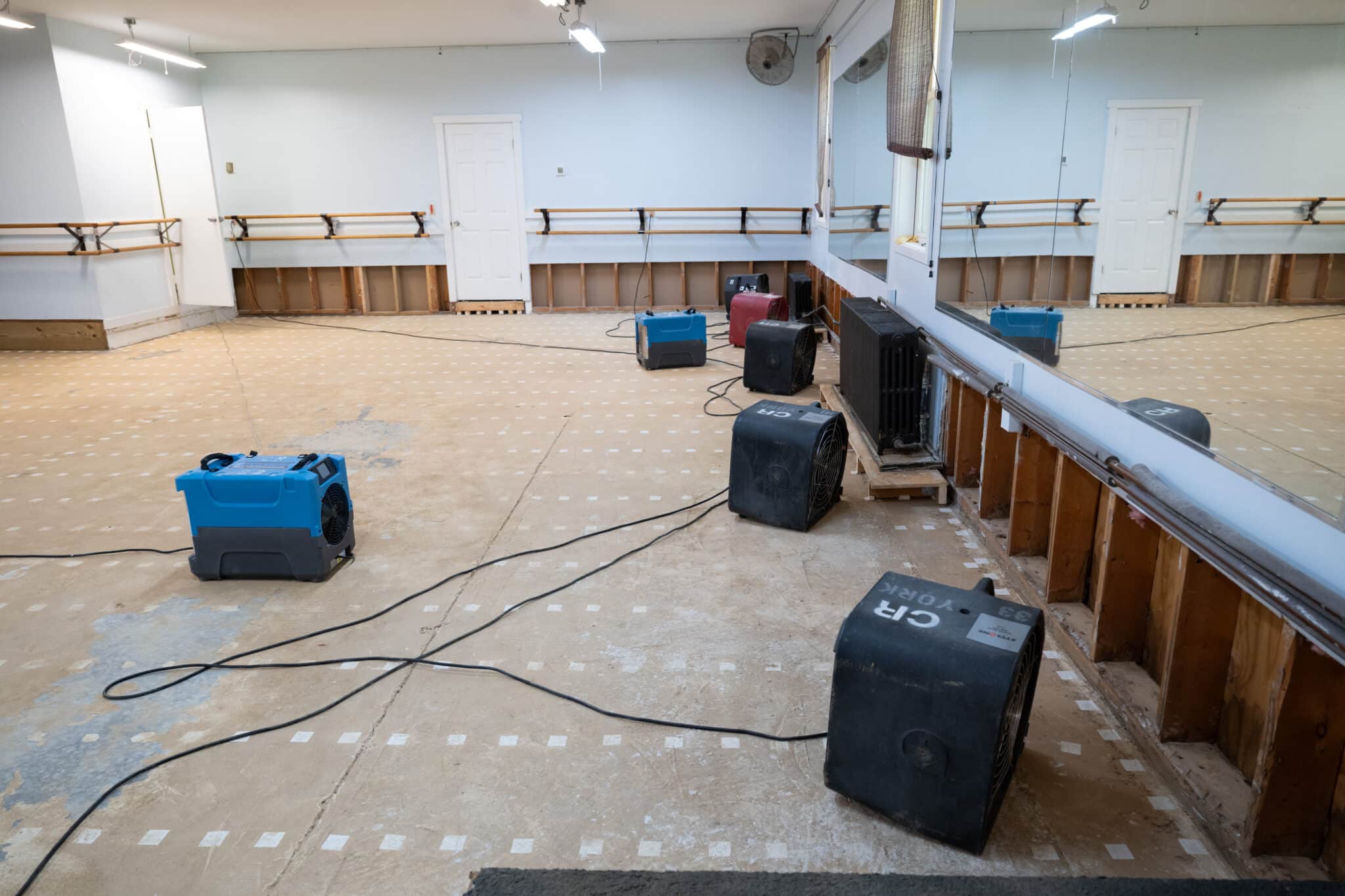 water damage in dance studio being restored