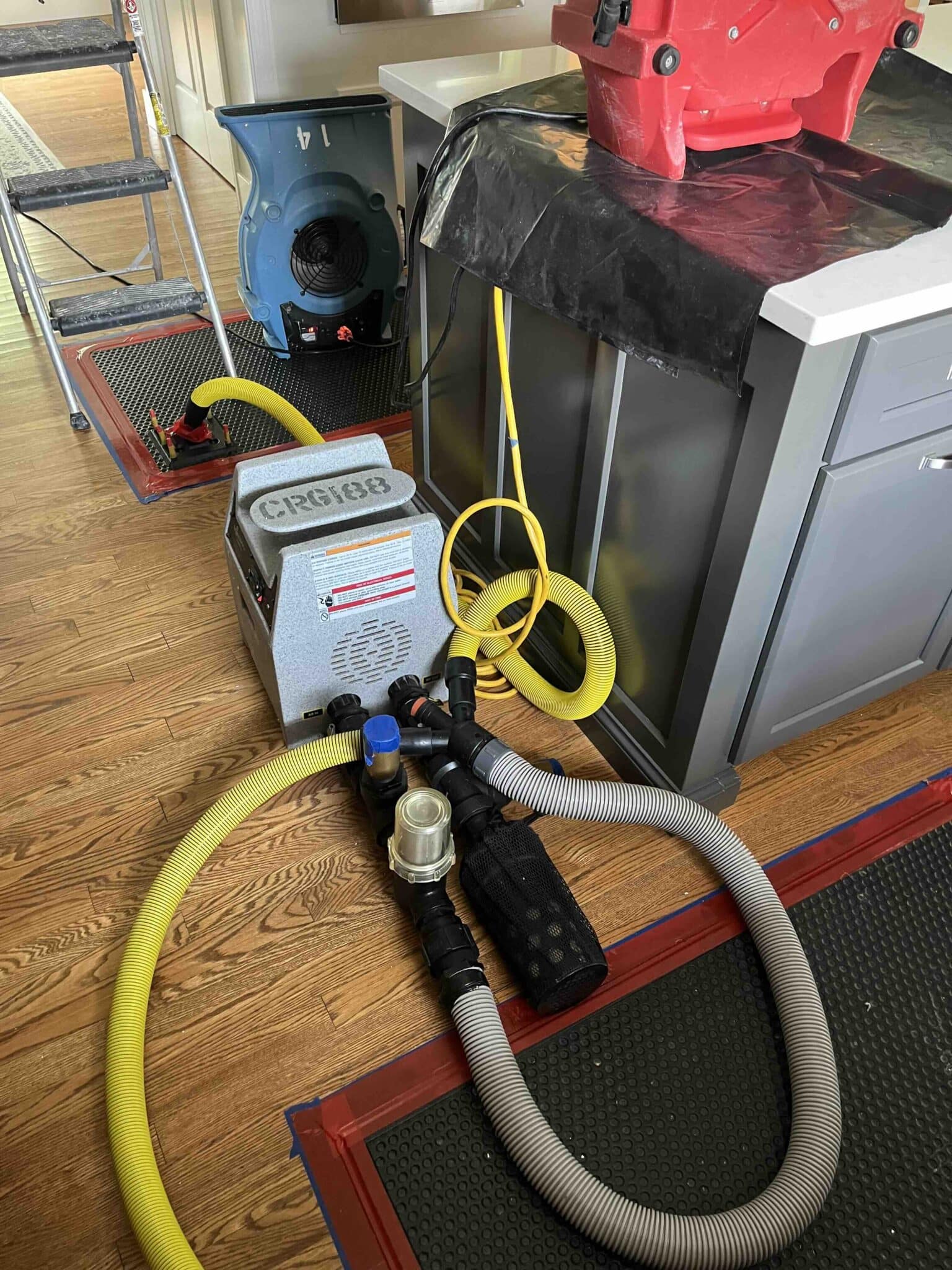 water damage restoration equipment on floor of York PA home